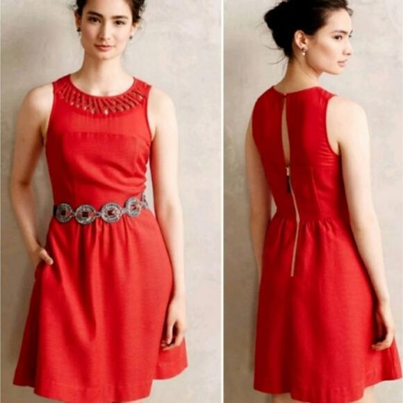 Anthropologie Maeve Lattice Neck Dress Red - Picture 2 of 10